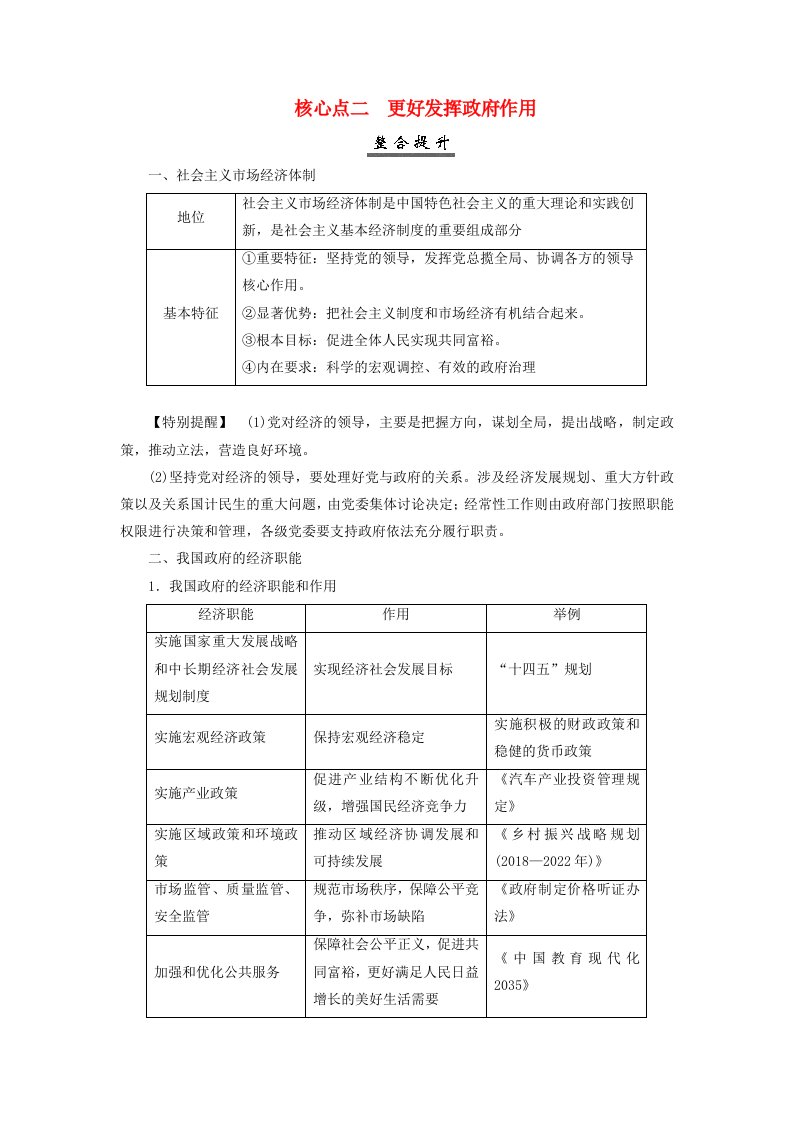 2025届高考政治一轮总复习核心突破必修2第一单元生产资料所有制与经济体制第二课我国的社会主义市抄济体制核心点二更好发挥政府作用