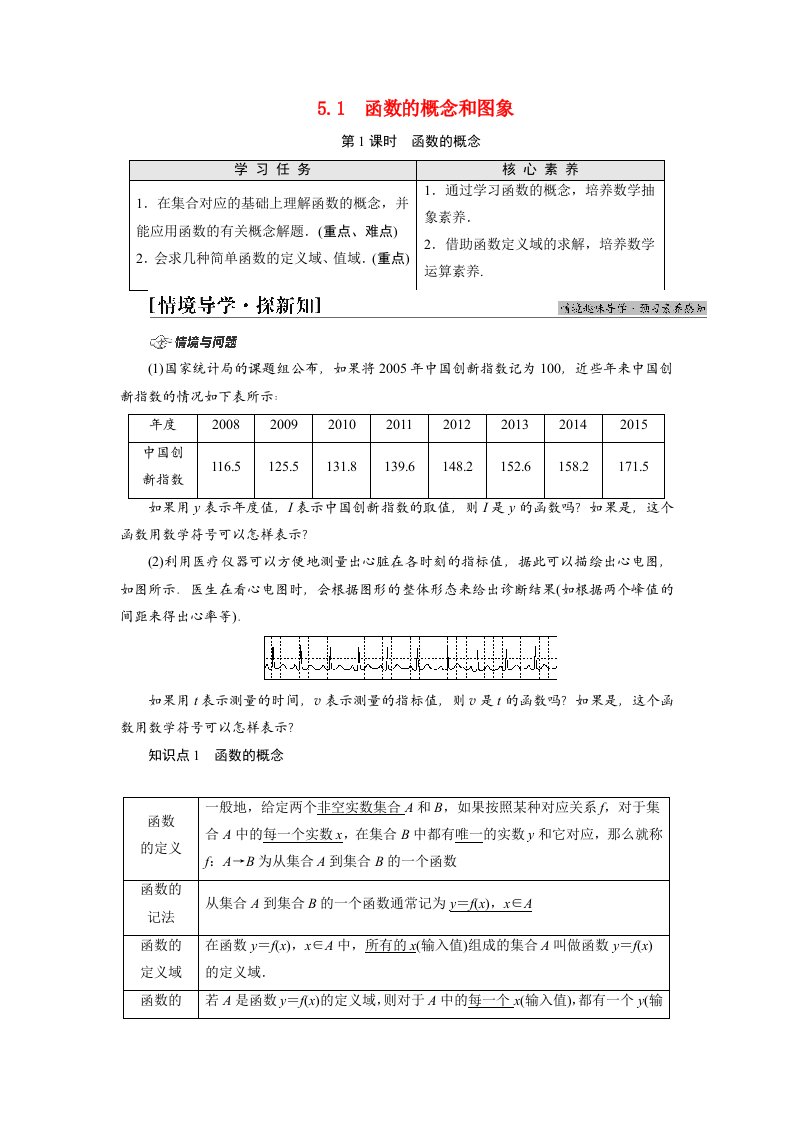 2021_2022学年新教材高中数学第5章函数概念与性质5.1第1课时函数的概念学案苏教版必修第一册202105242107