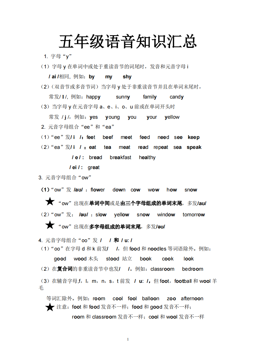 五年级语音知识汇总及习题操练