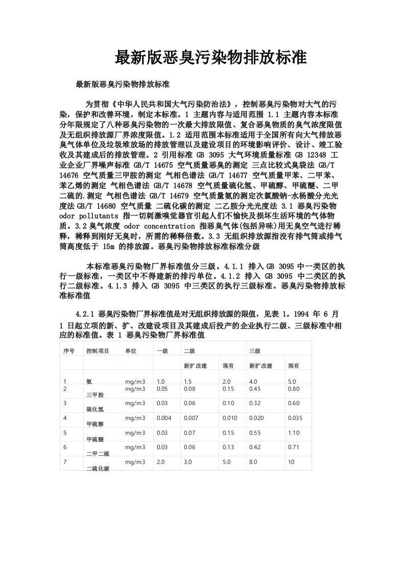 最新版恶臭污染物排放标准