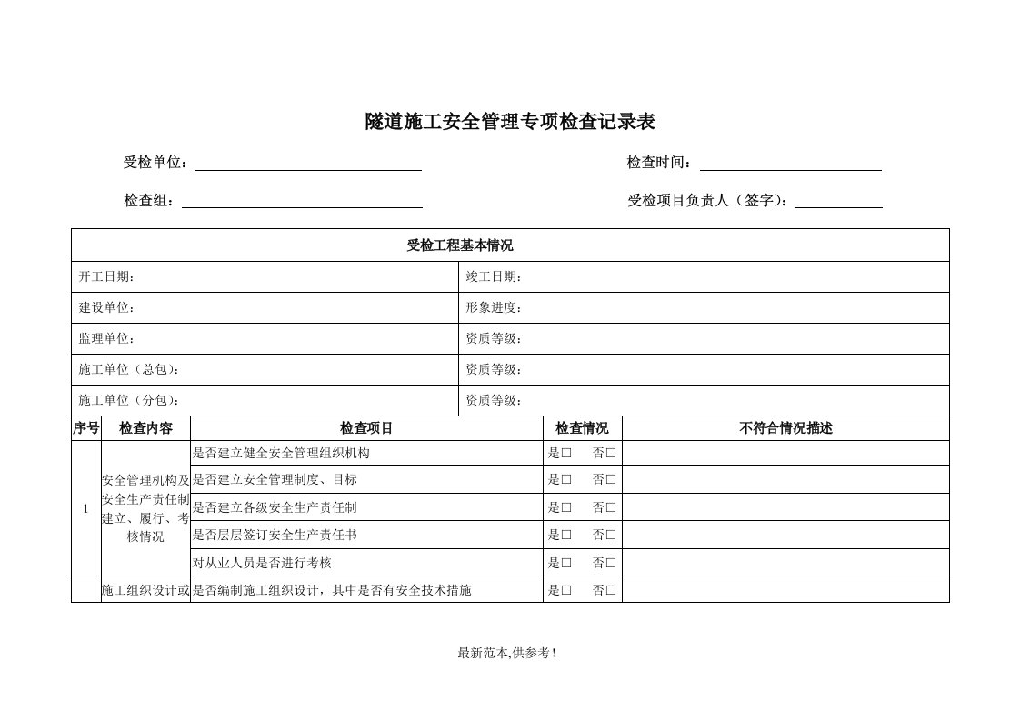 隧道施工安全管理专项检查记录表