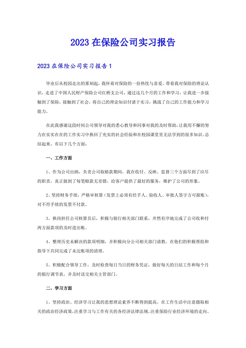 2023在保险公司实习报告