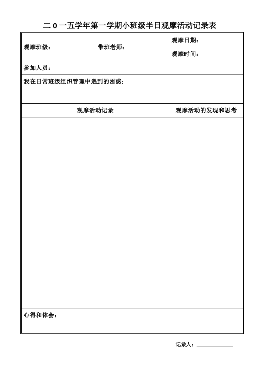 二0一五学年第一学期小班级半日观摩活动记录表