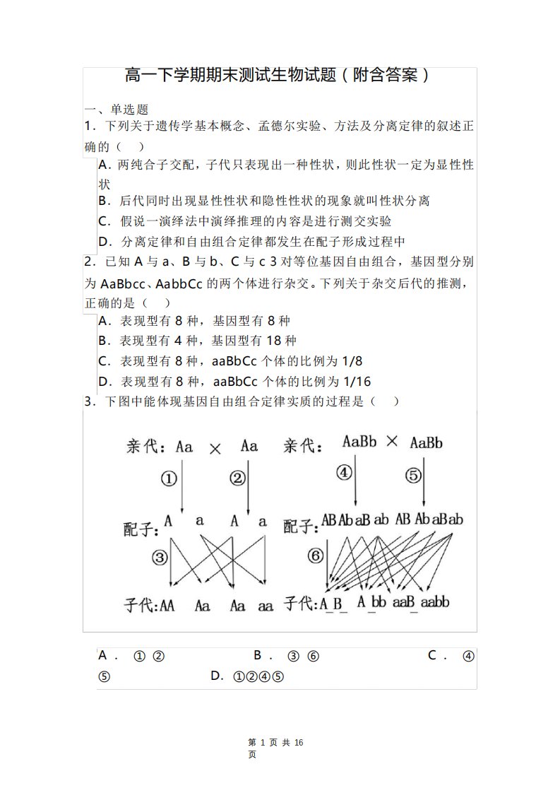 高一下学期期末测试生物试题(附含答案)