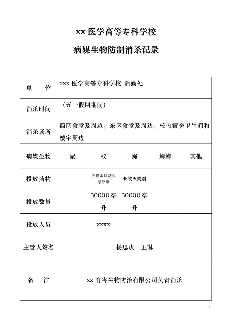 病媒生物防制消杀记录