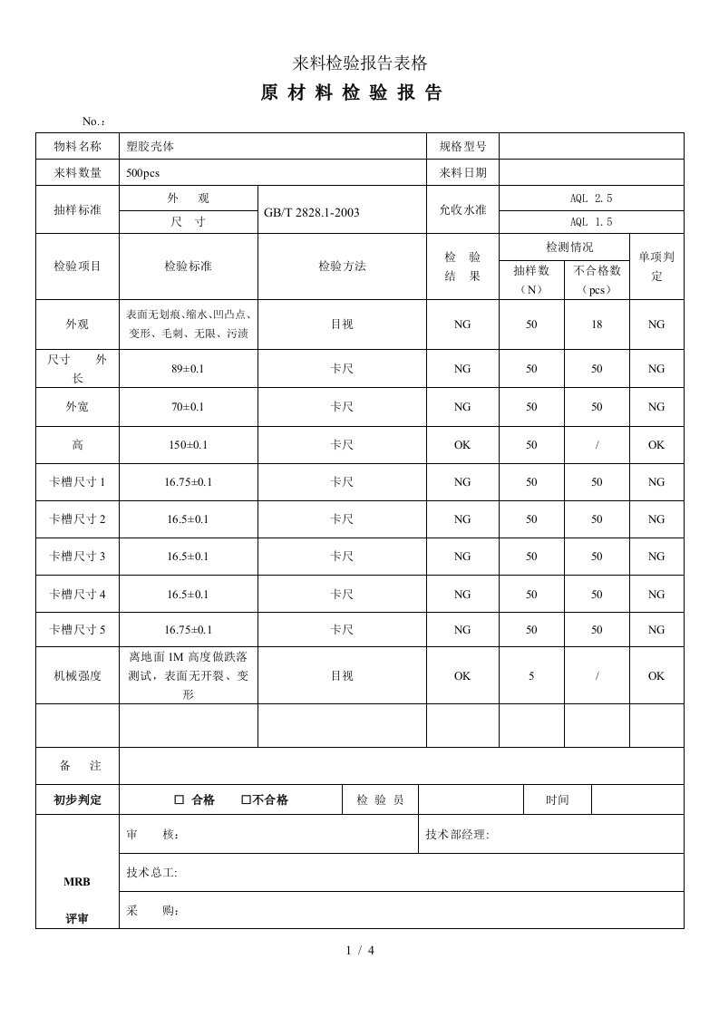 来料检验报告表格