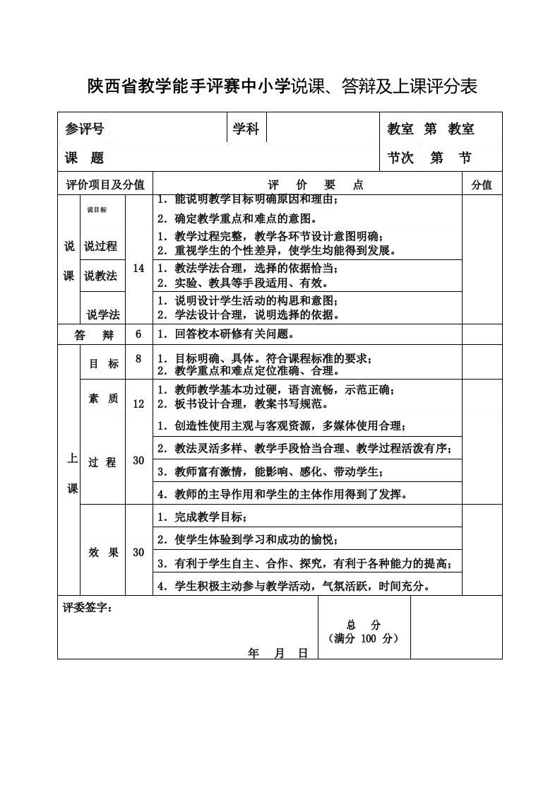 陕西省教学能手评赛中小学说课、答辩及上课评分表