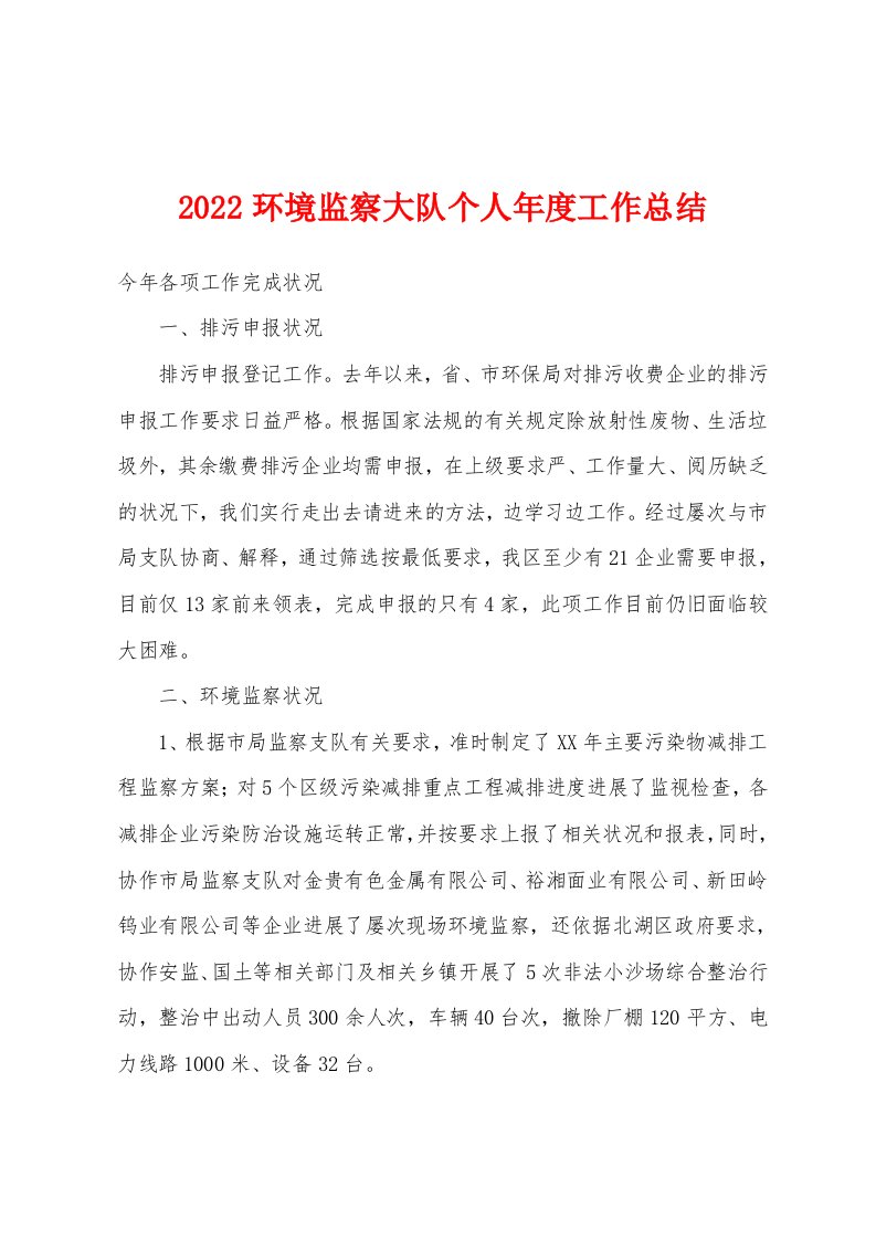 2022年环境监察大队个人年度工作总结