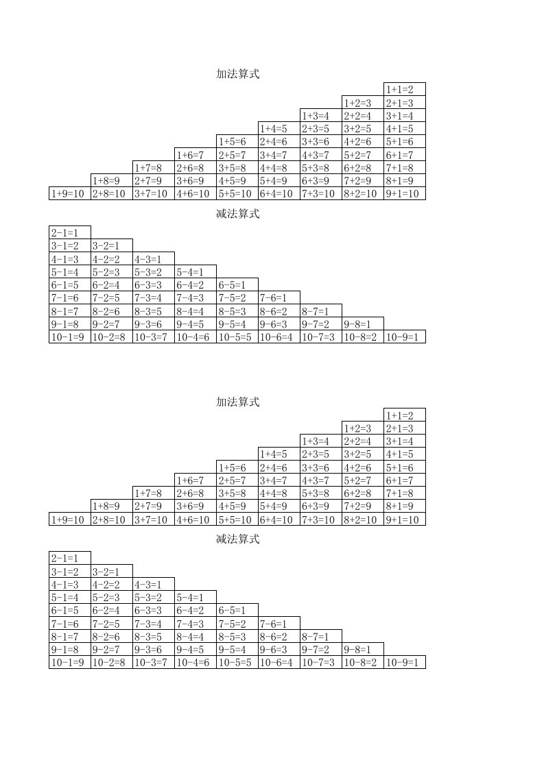 小学一年级加法减法算式