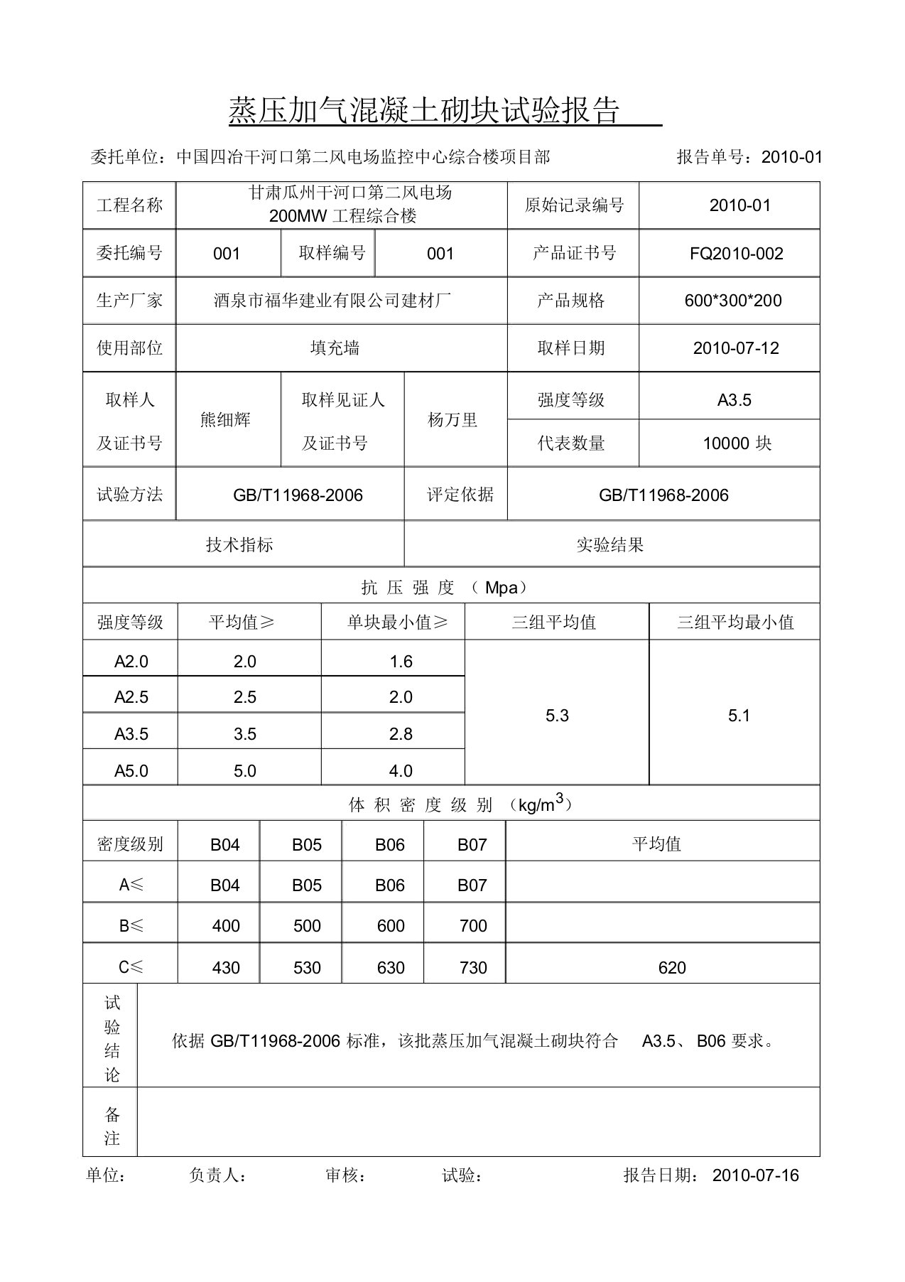 蒸压加气混凝土砌块试验报告