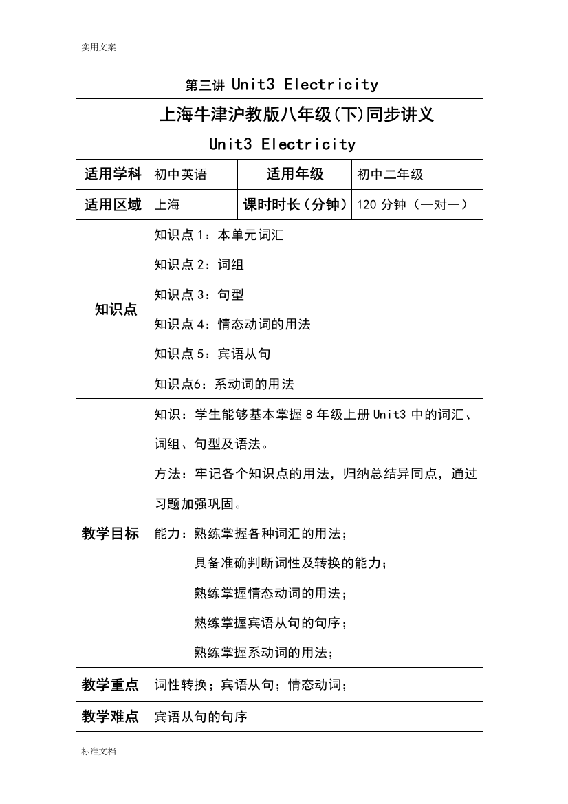 上海牛津沪教版八年级下同步讲义unit3