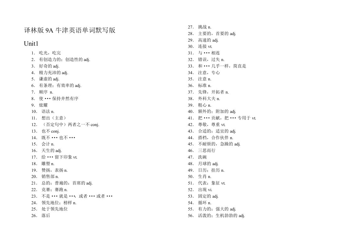 新江苏译林版初三英语9上单词表默写(全一册)