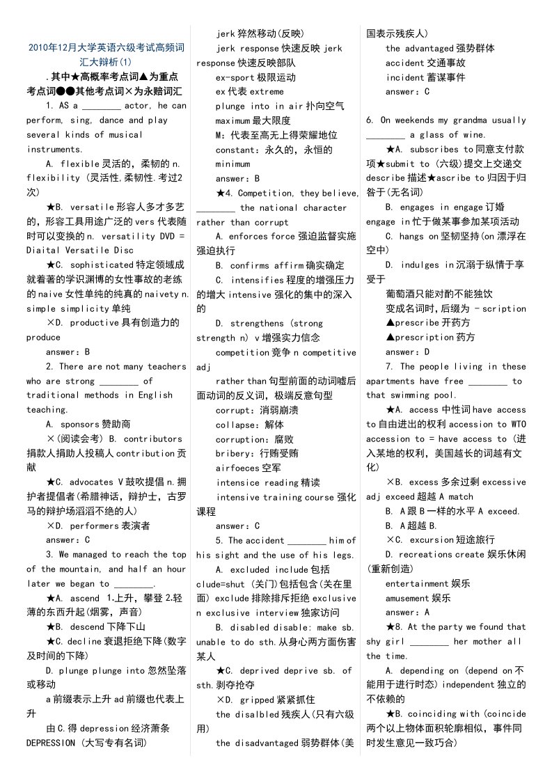 大学英语六级考试(cet6)高频词汇整理