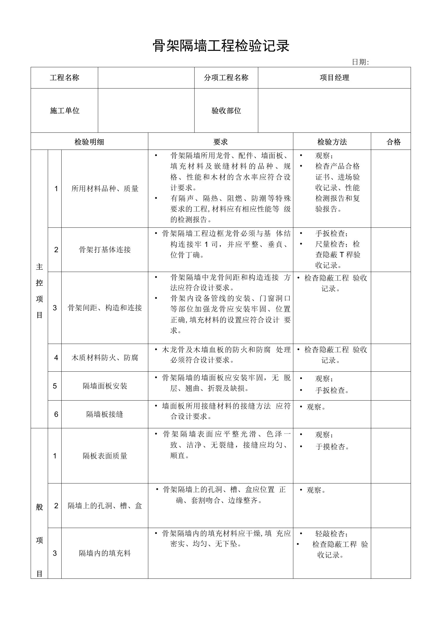 骨架隔墙工程检验记录