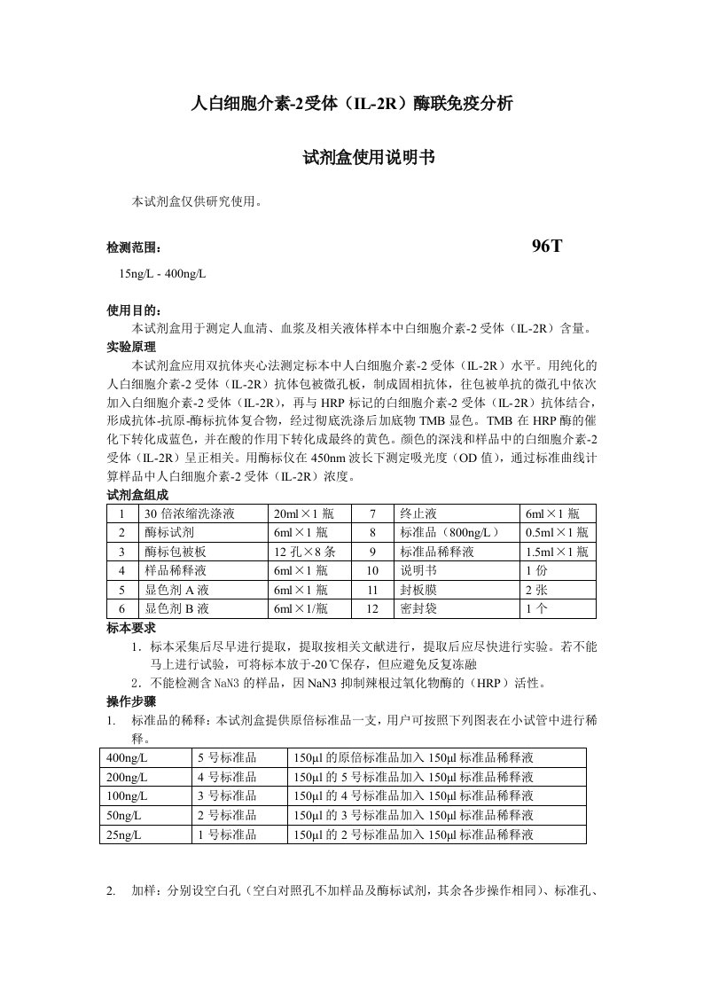 人白细胞介素-2受体IL-2R酶联免疫分析