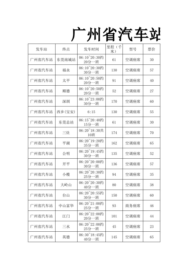 汽车行业-广州省汽车站时刻表