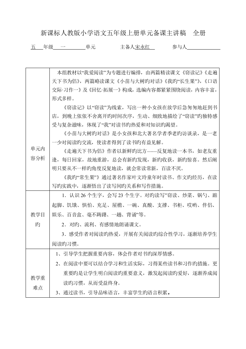 2023年新课标人教版小学语文五年级上册单元备课主讲稿全册