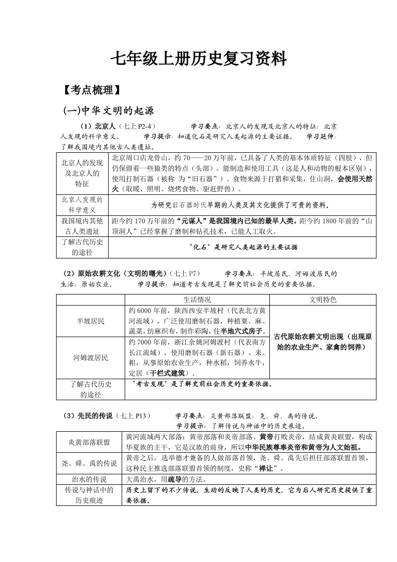 七年级历史上册复习资料川教版