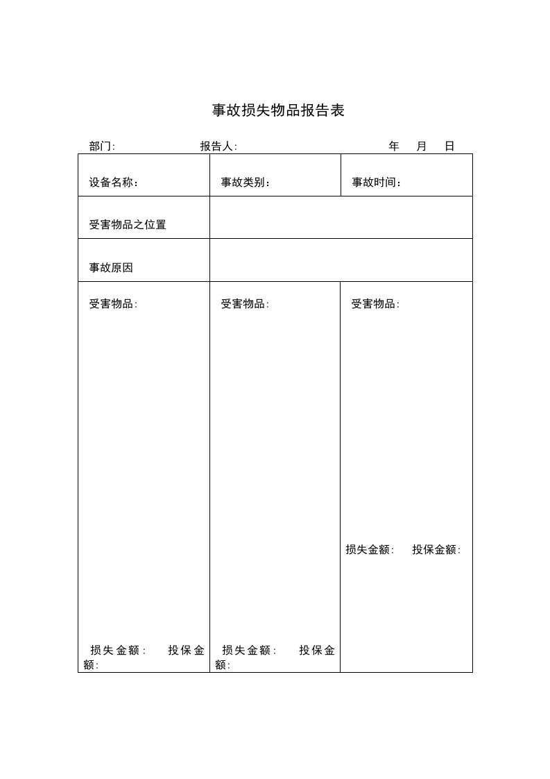 事故损失物品报告（Word表格）