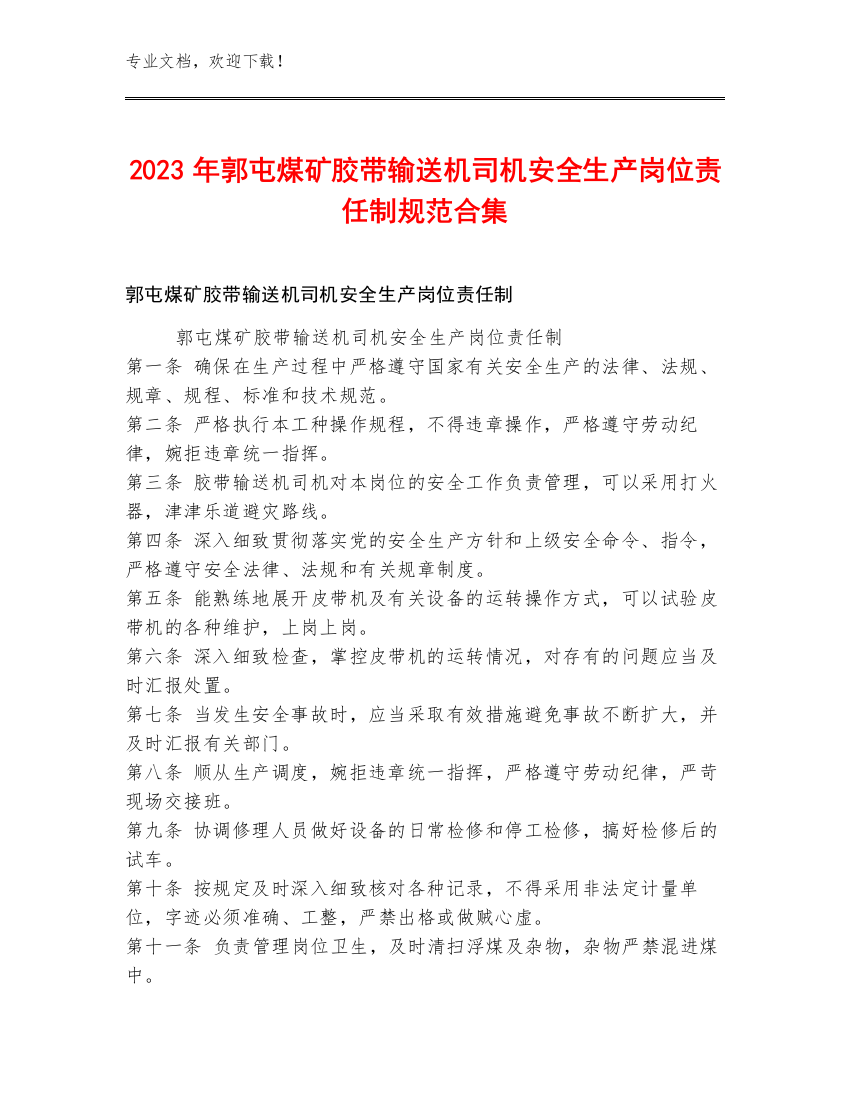 2023年郭屯煤矿胶带输送机司机安全生产岗位责任制规范合集