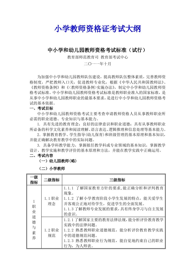 小学教师资格证考试大纲