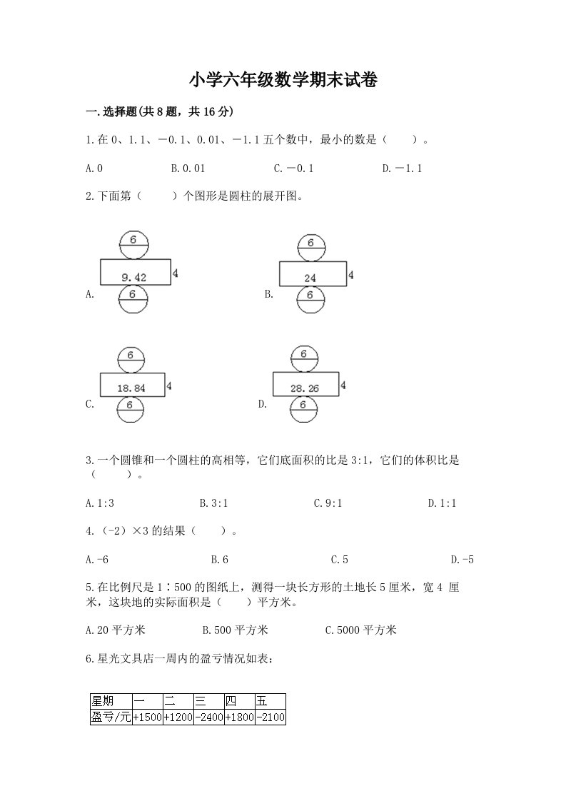 小学六年级数学期末试卷附答案（研优卷）