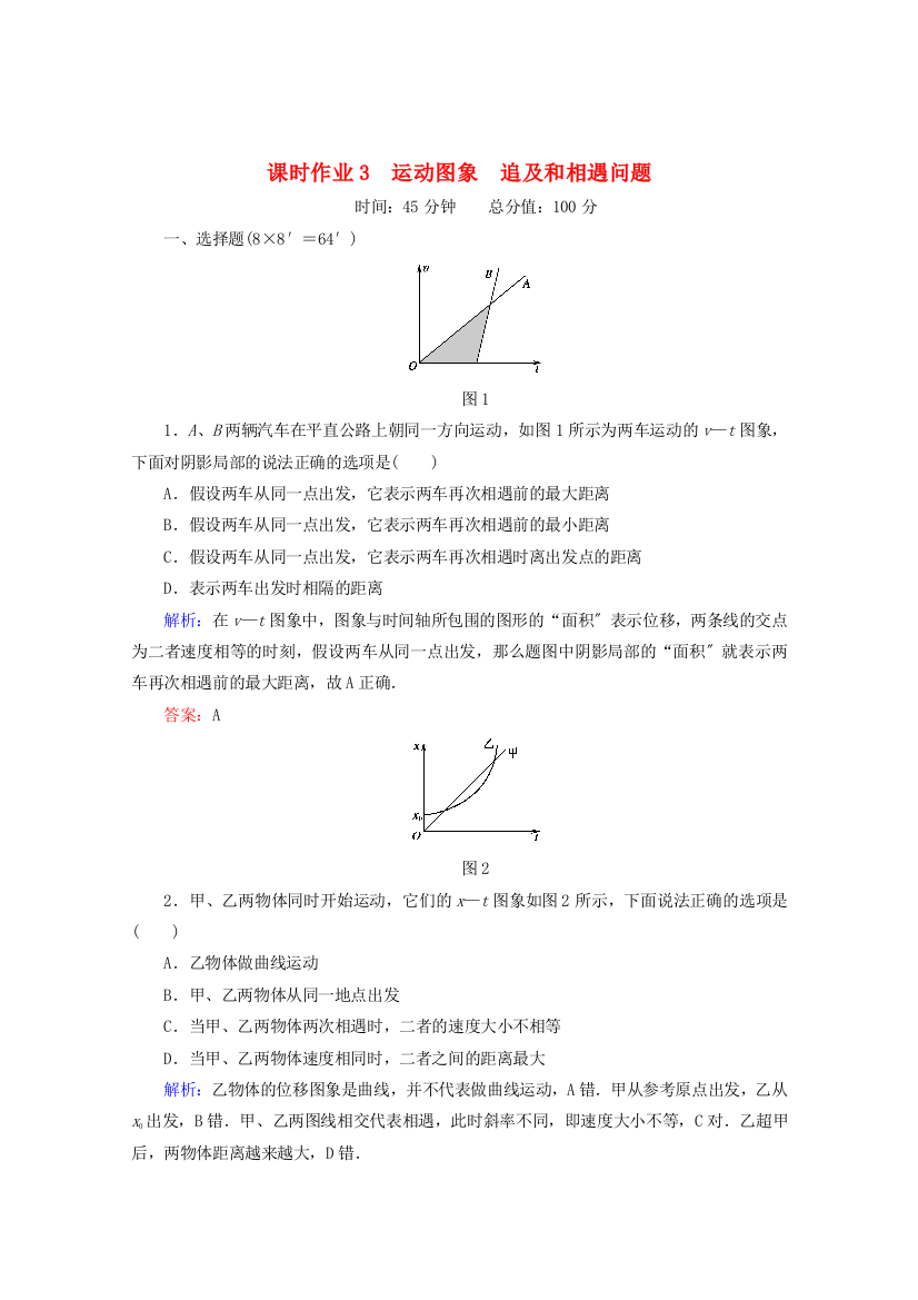 课时作业3　运动图象　追及和相遇问题