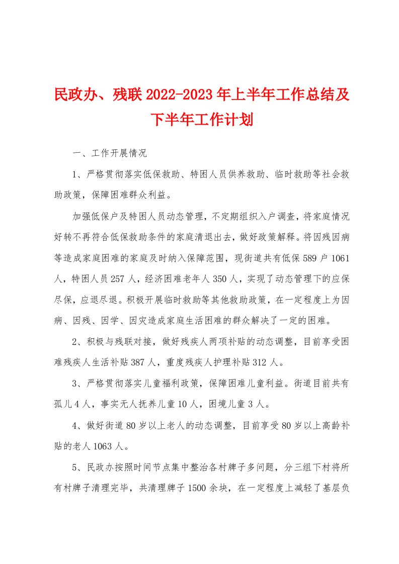 民政办、残联2022-2023年上半年工作总结及下半年工作计划