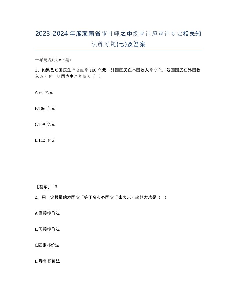 2023-2024年度海南省审计师之中级审计师审计专业相关知识练习题七及答案