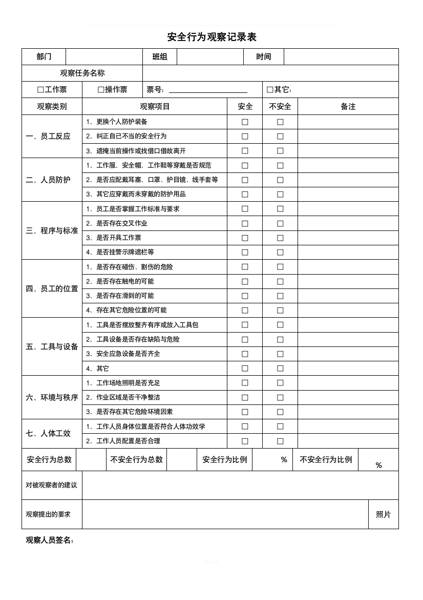 安全行为观察记录表