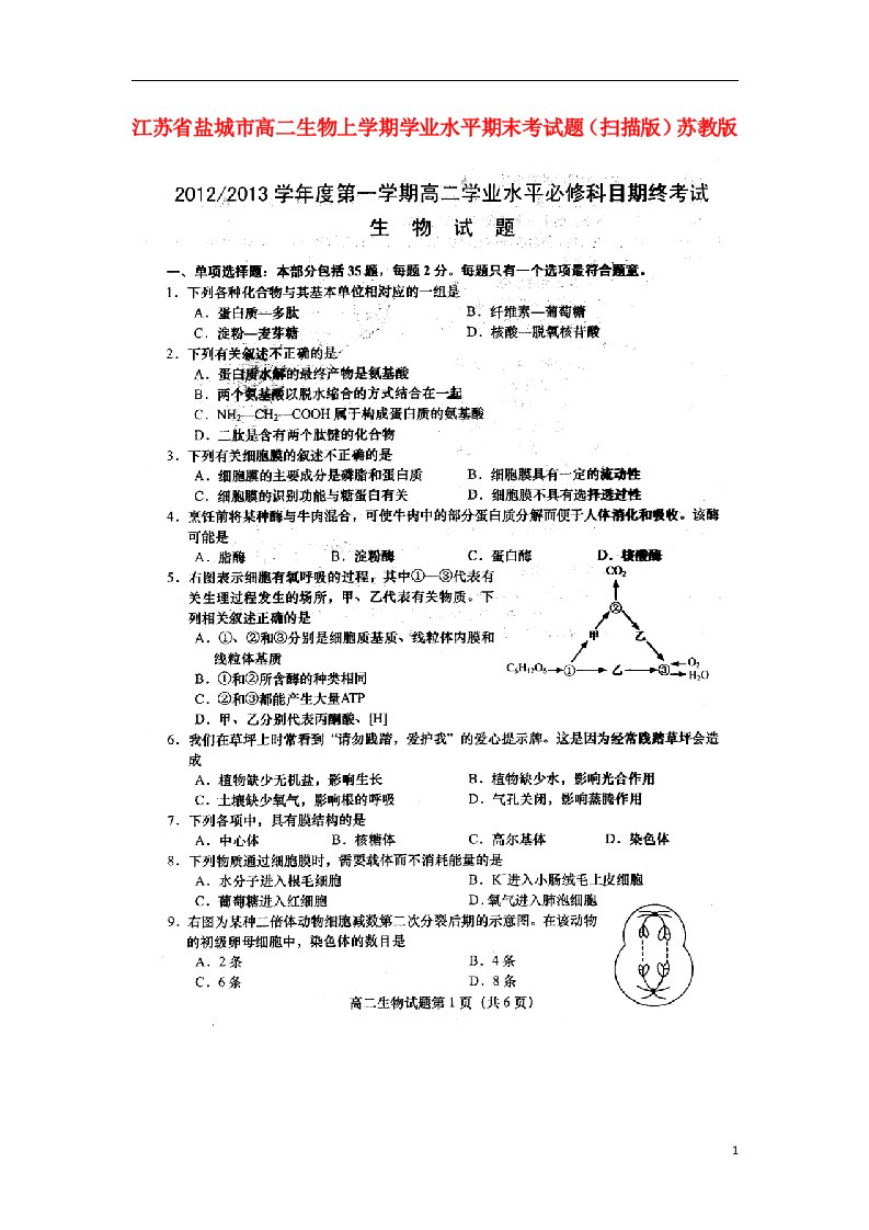 江苏省盐城市高二生物上学期学业水平期末考试题（扫描版）苏教版