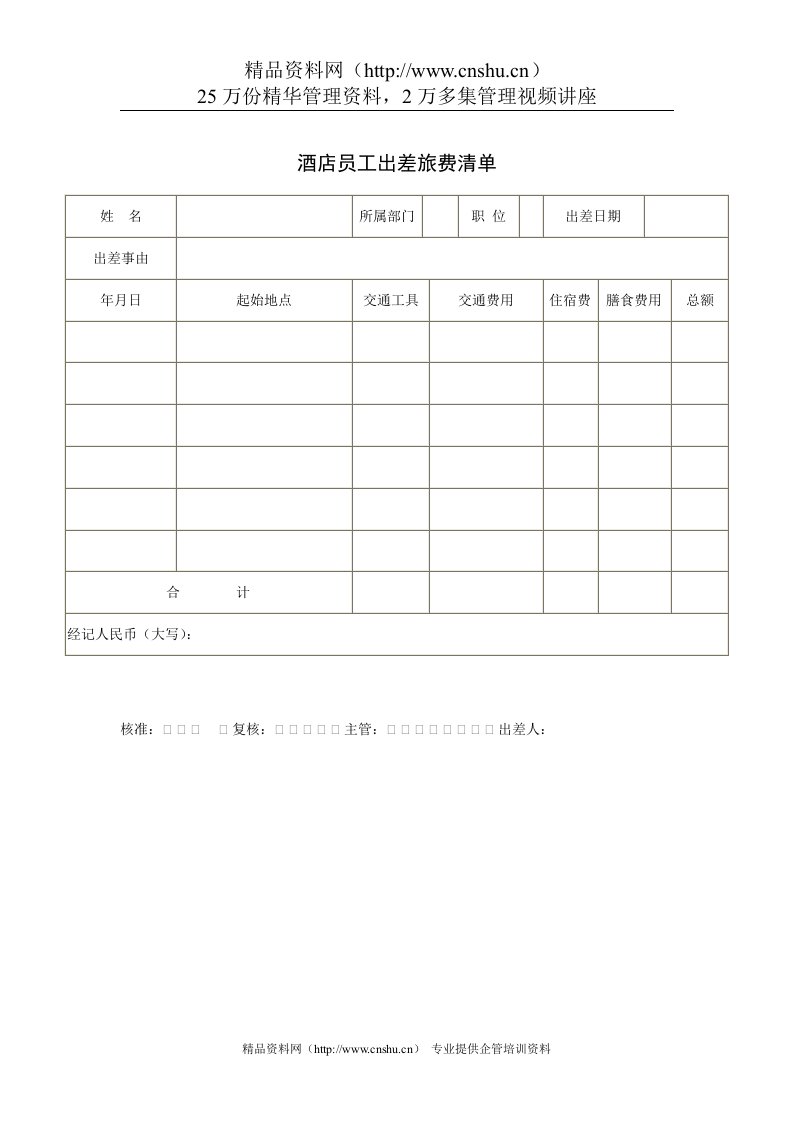 酒店员工出差旅费清单