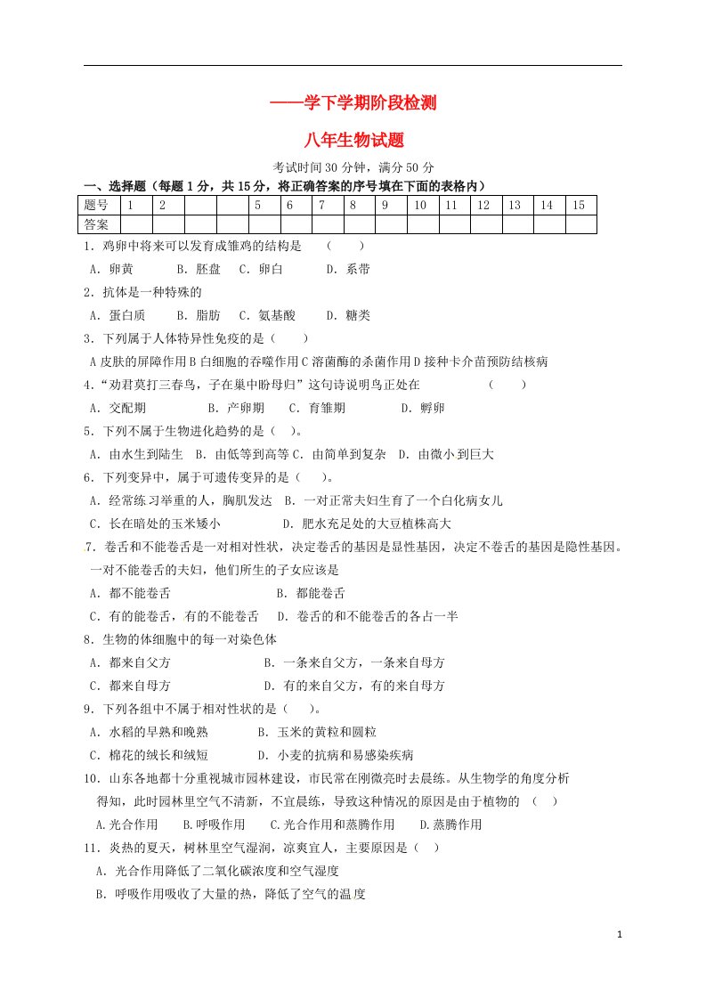 辽宁省大石桥市水源镇第二初级中学八级生物4月阶段检测试题