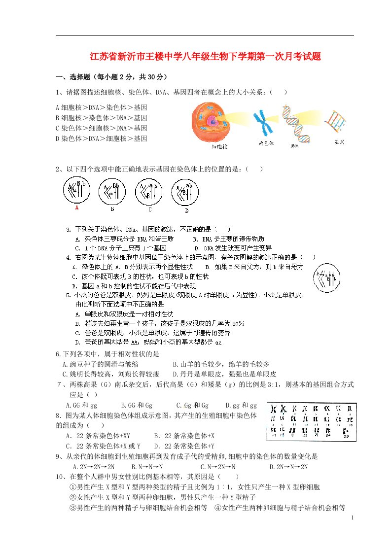 江苏省新沂市王楼中学八级生物下学期第一次月考试题（无答案）