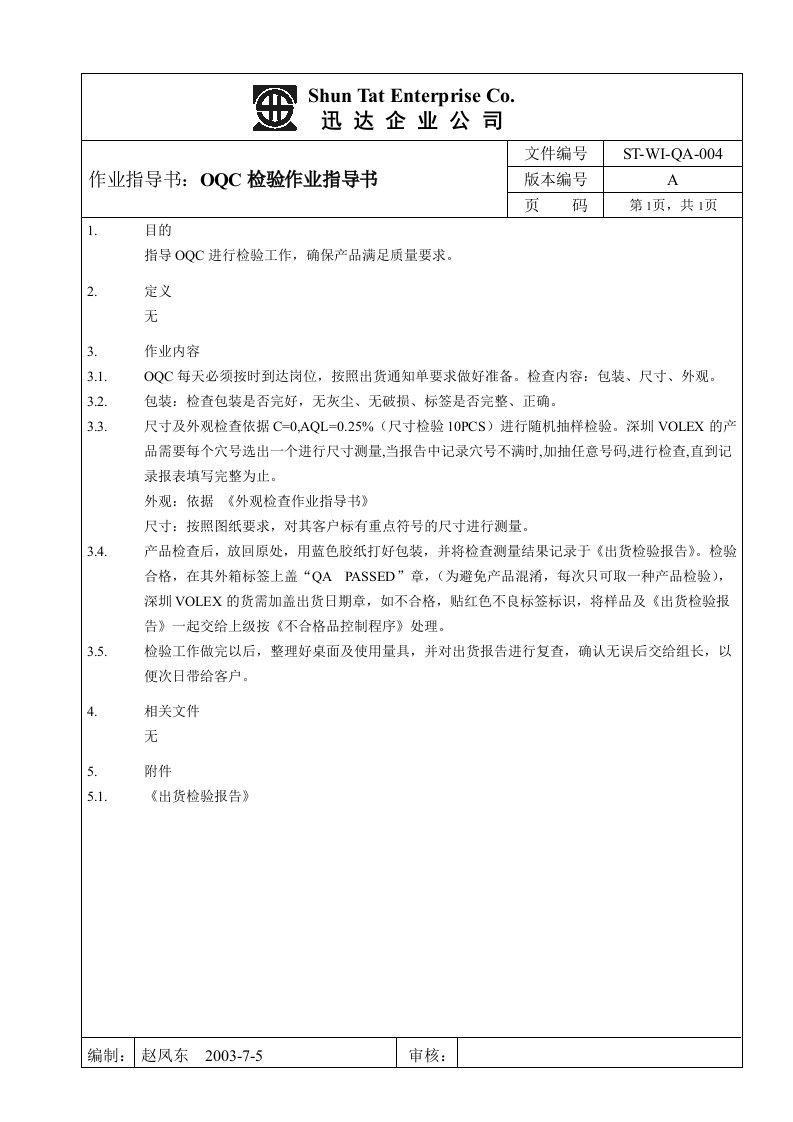 ISO9001重要三级文件-作业指导书(17个doc)OQC作业指导书004-作业指导