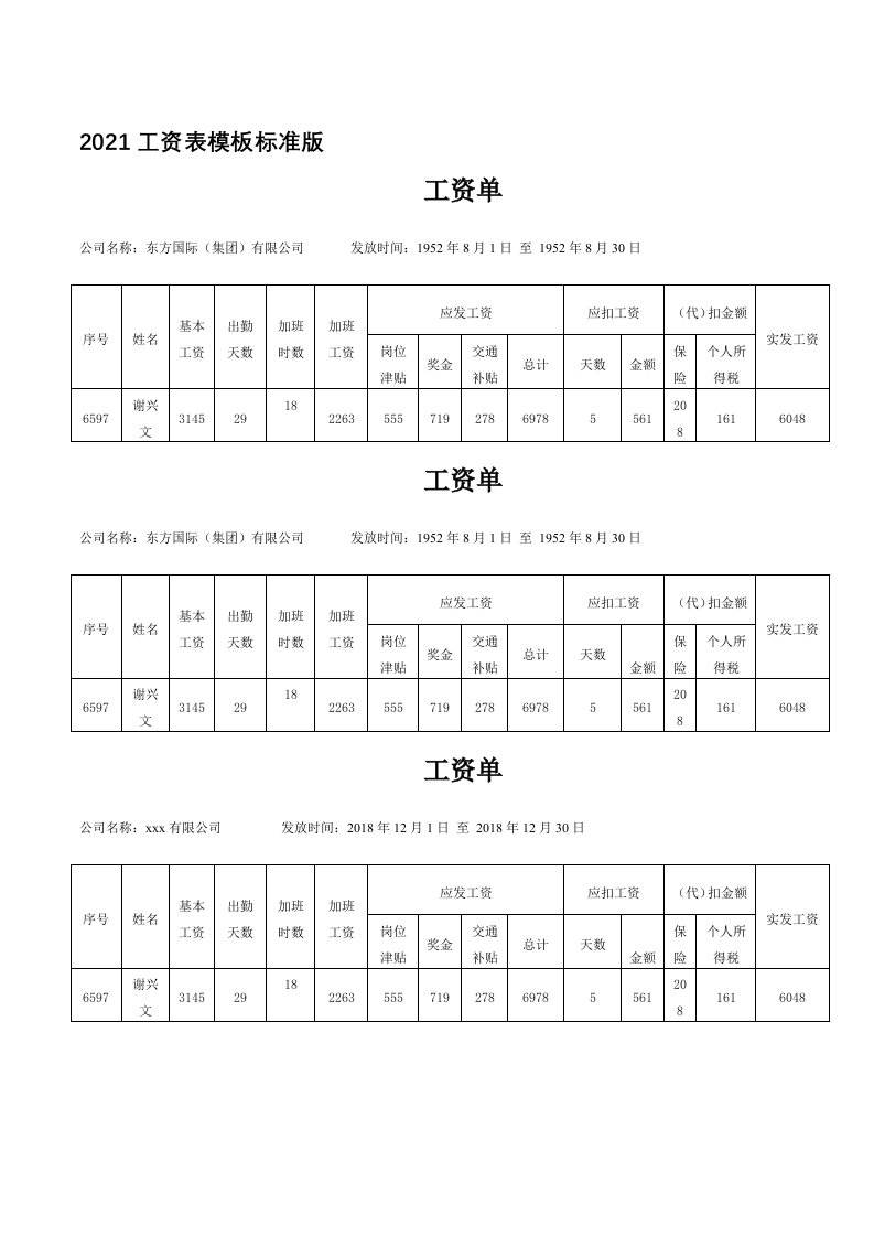 2021工资表模板标准版