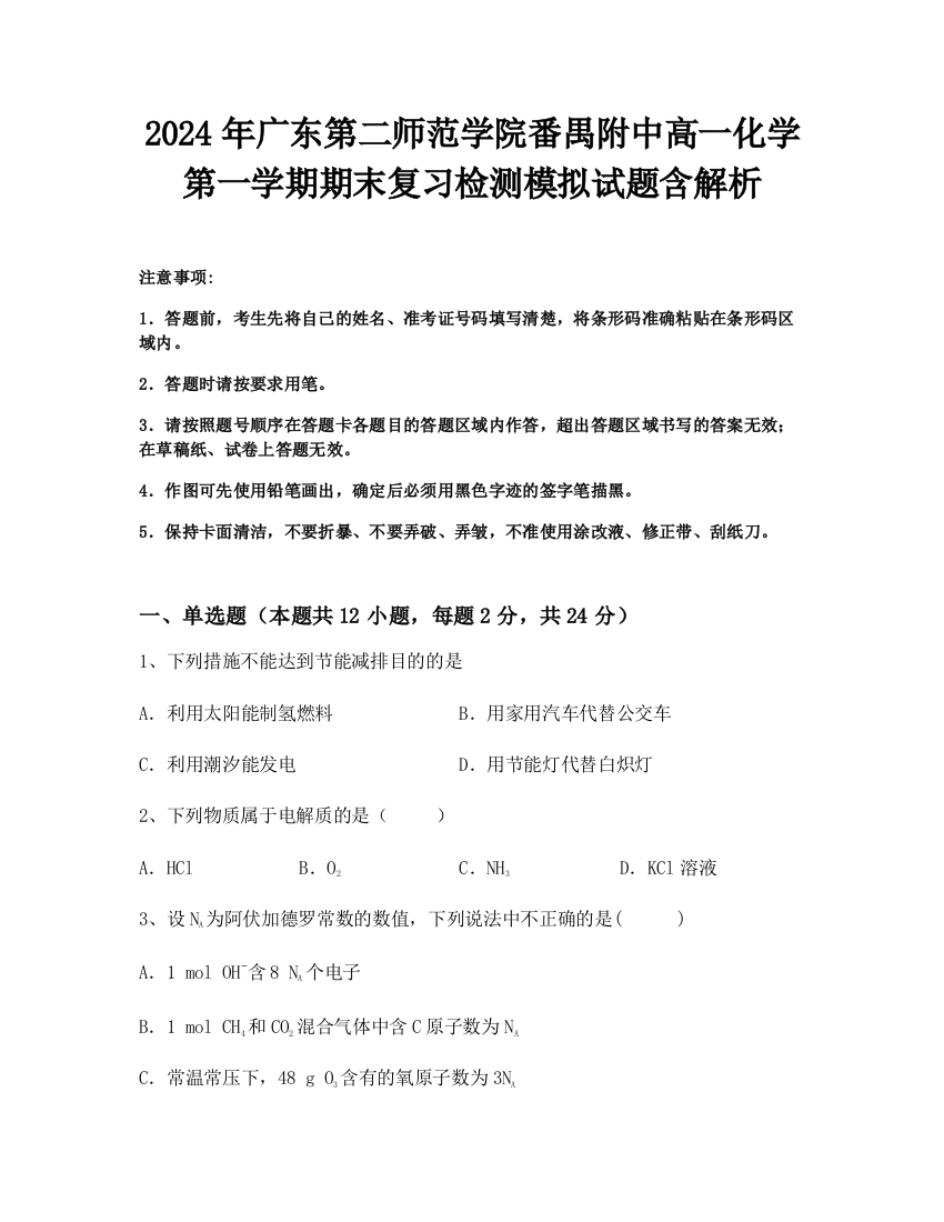 2024年广东第二师范学院番禺附中高一化学第一学期期末复习检测模拟试题含解析