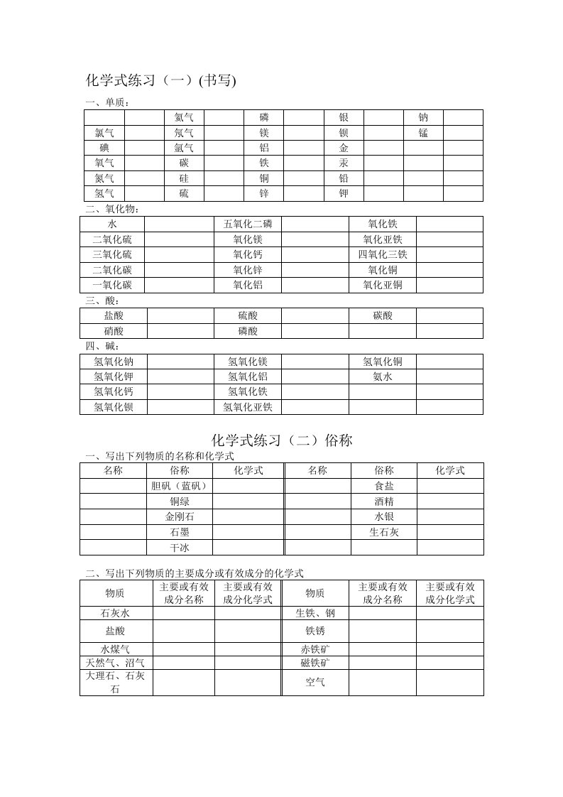 初中化学常见物质俗名化学式书写练习(精版)