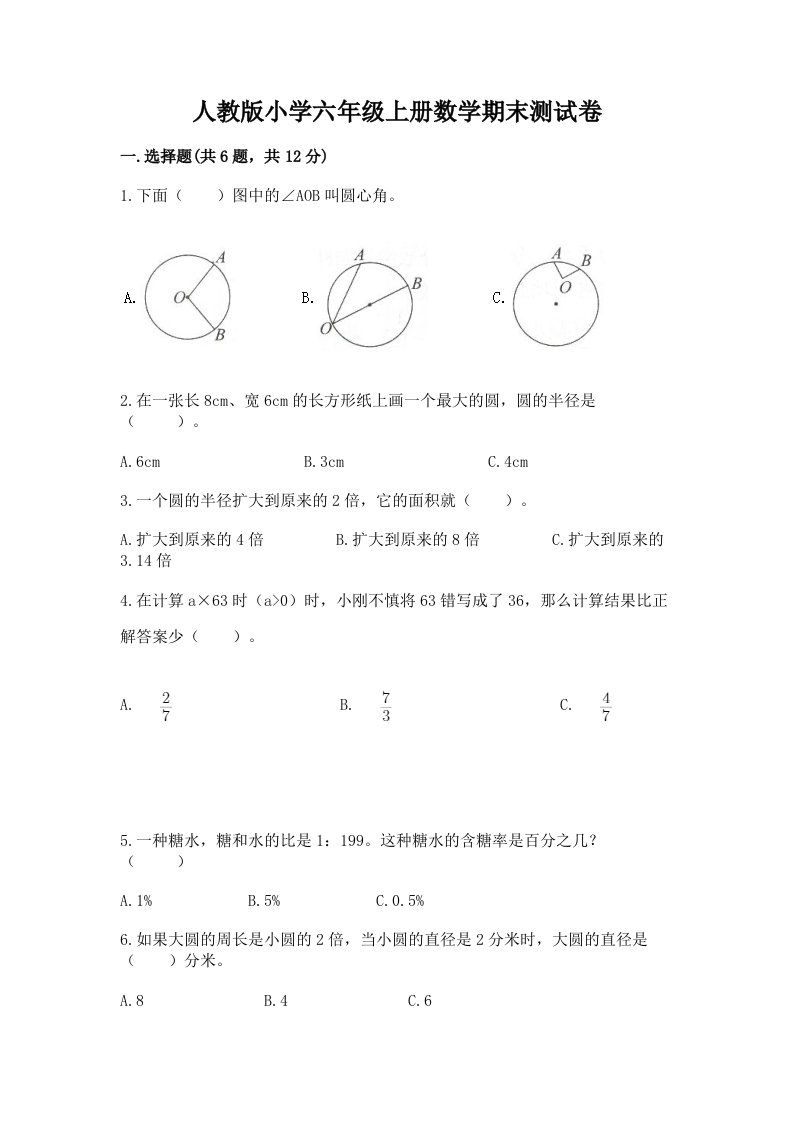 人教版小学六年级上册数学期末测试卷（网校专用）