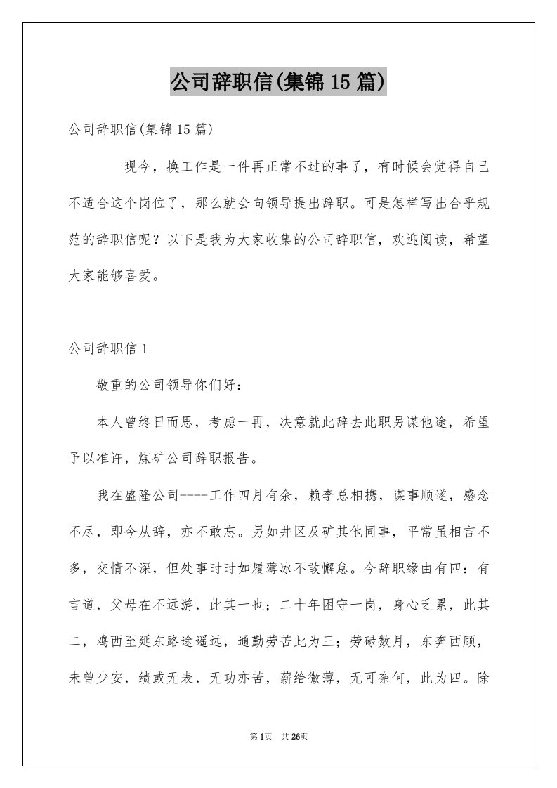 公司辞职信集锦15篇