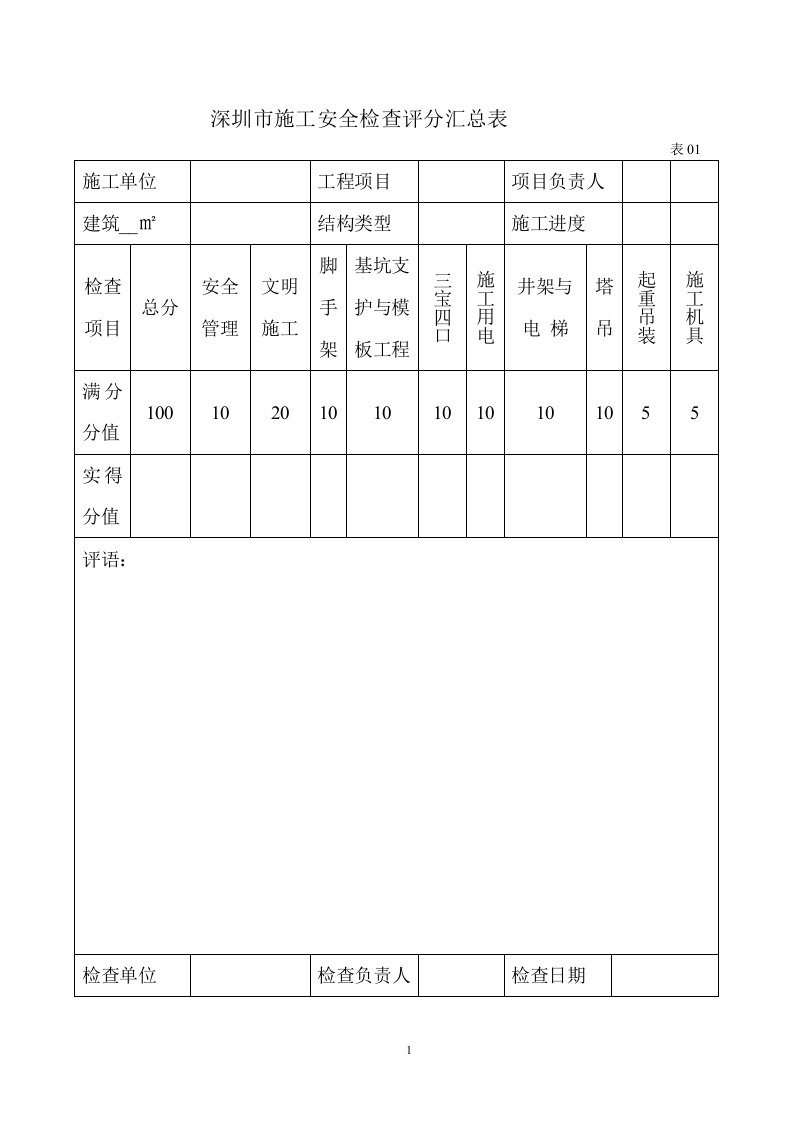 深圳市施工安全检查评分表