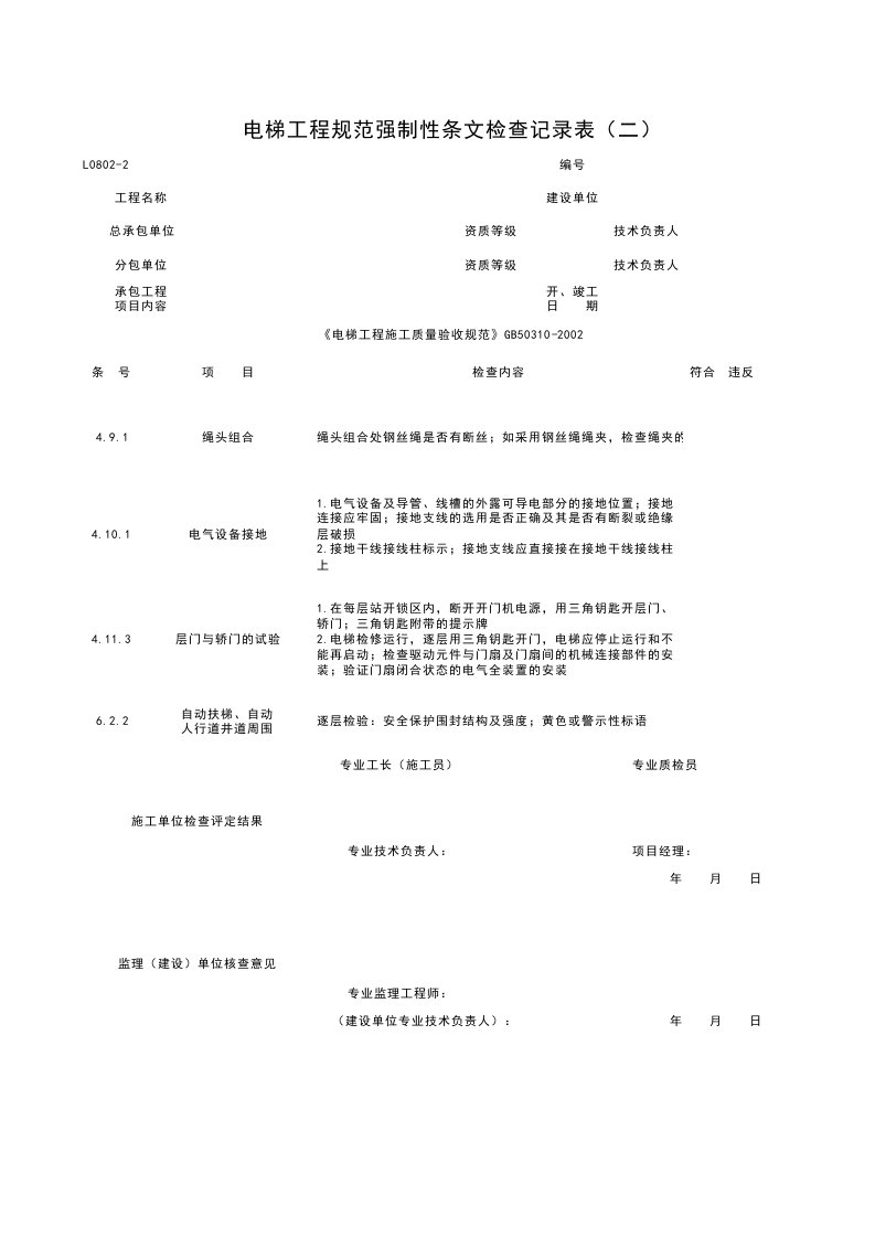 施工组织-L08022_电梯工程规范强制性条检查记录表二