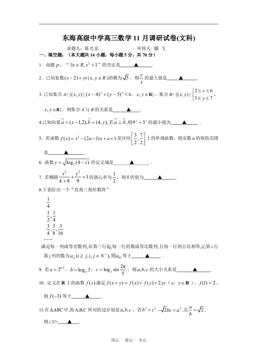 2008～2009学年第一学期江苏省东海高级中学高三数学11月调研试卷(文科)