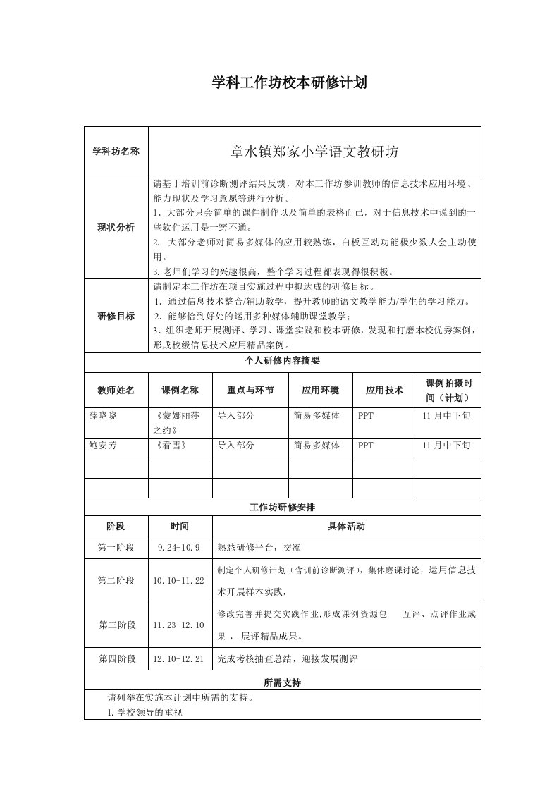 郑小语文学科工作坊校本研修计划