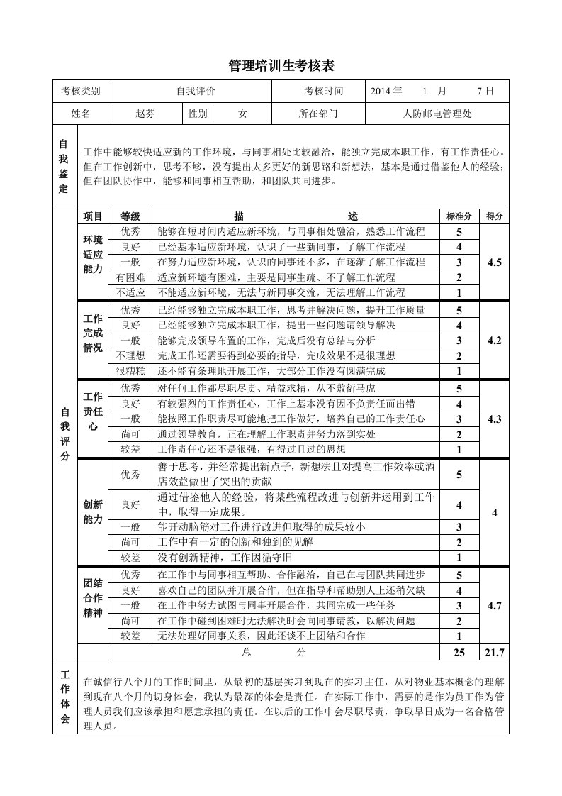 管培生考核(自我评价)