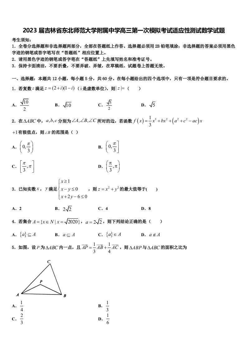 2023届吉林省东北师范大学附属中学高三第一次模拟考试适应性测试数学试题含解析