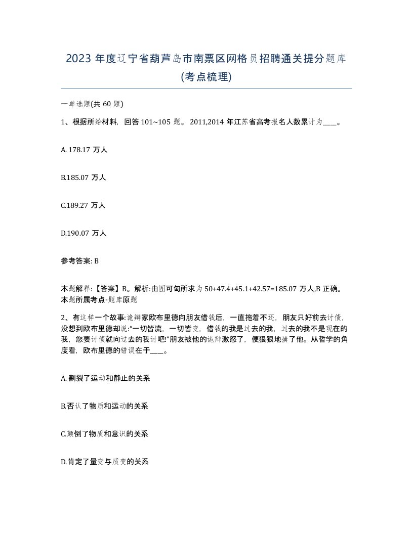 2023年度辽宁省葫芦岛市南票区网格员招聘通关提分题库考点梳理