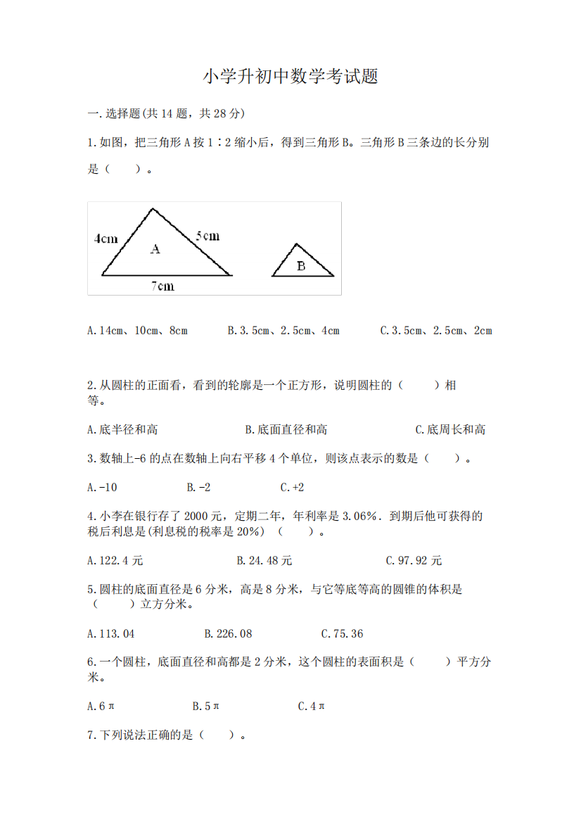 小学升初中数学考试题及答案(易错题)