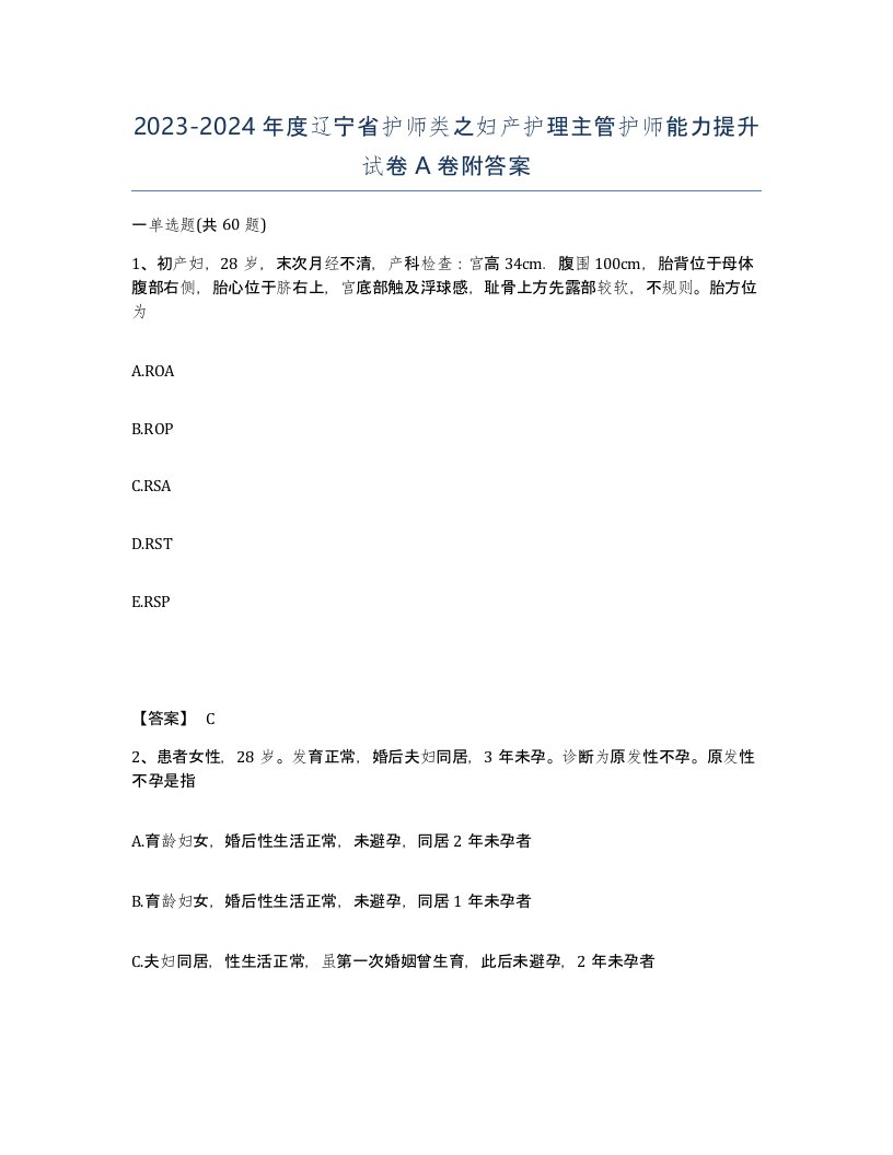 2023-2024年度辽宁省护师类之妇产护理主管护师能力提升试卷A卷附答案