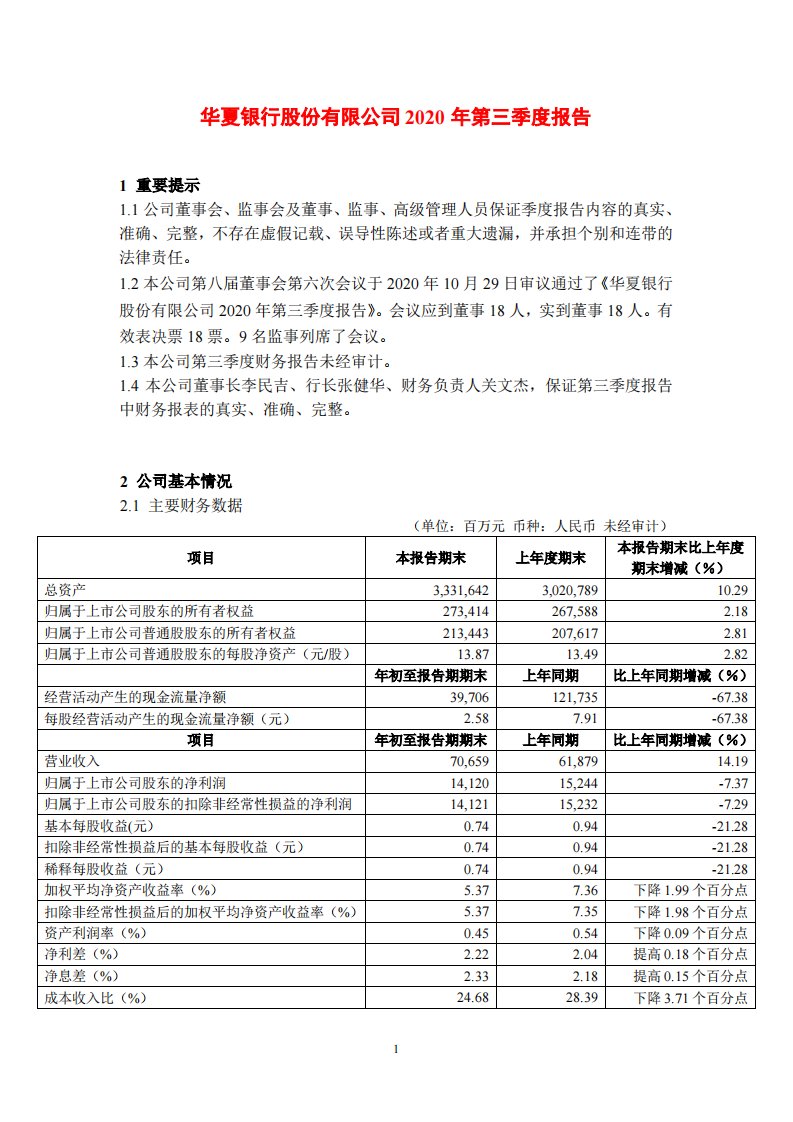 上交所-华夏银行2020年第三季度报告正文-20201030